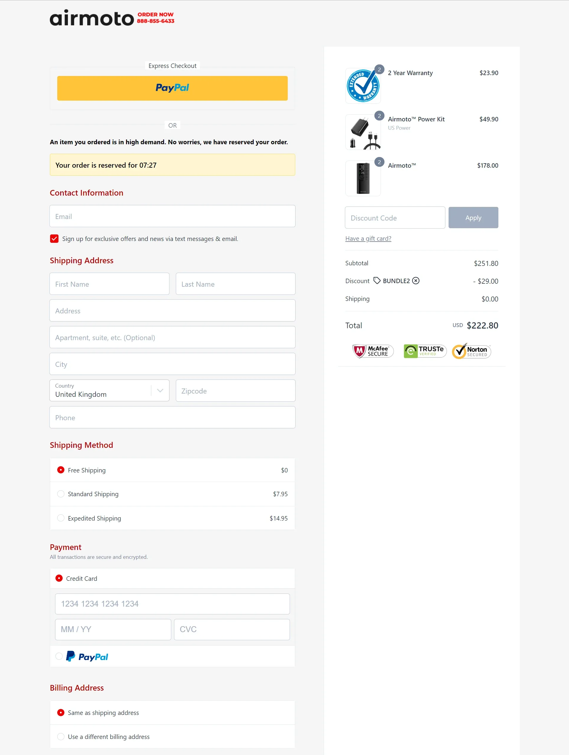 Airmoto checkout page